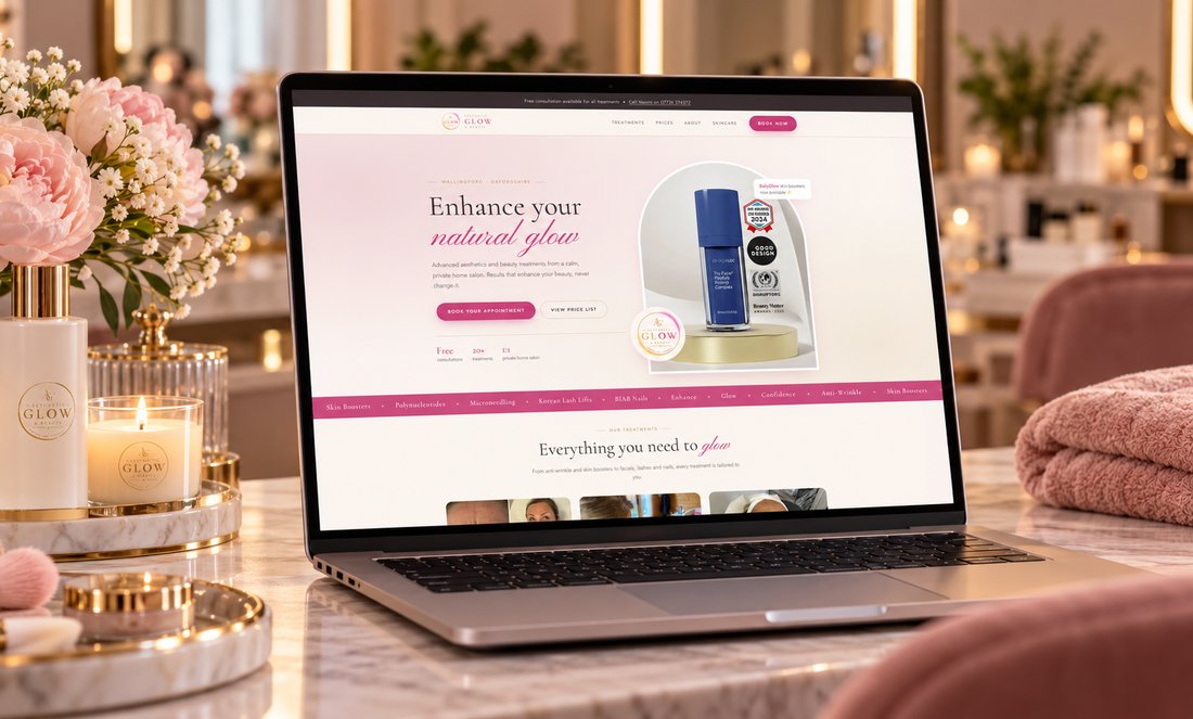 Aesthetic Glow & Beauty salon website design by Cotswold Code