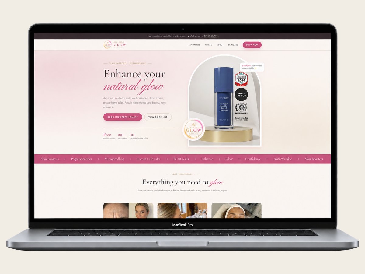 The Aesthetic Glow & Beauty homepage shown on a laptop