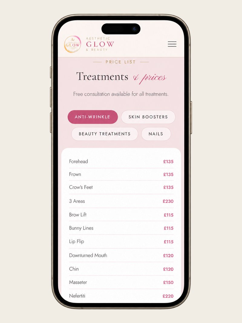 The Aesthetic Glow & Beauty price list shown on a mobile phone