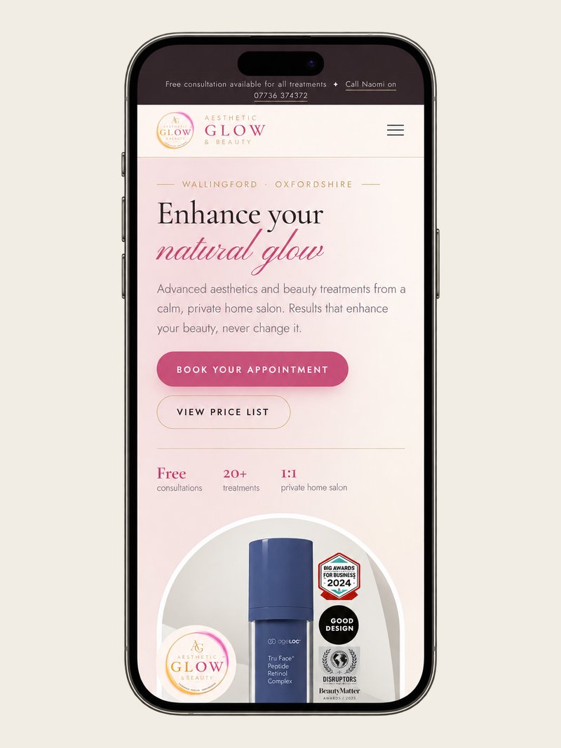 The Aesthetic Glow & Beauty homepage shown on a mobile phone