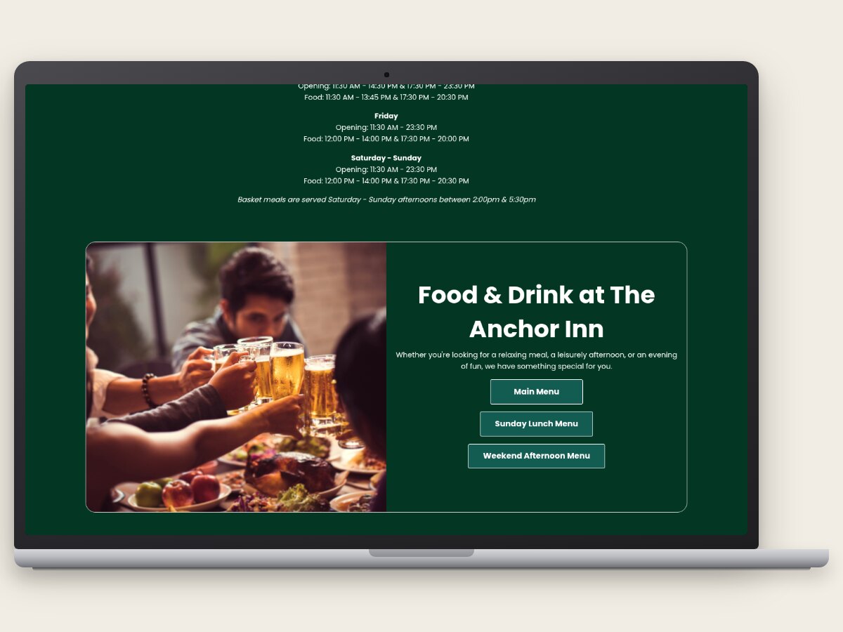 The Anchor Inn food and drink page shown on a laptop