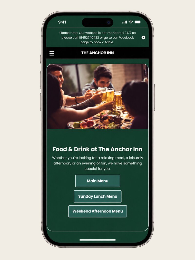 The Anchor Inn menus shown on a mobile phone