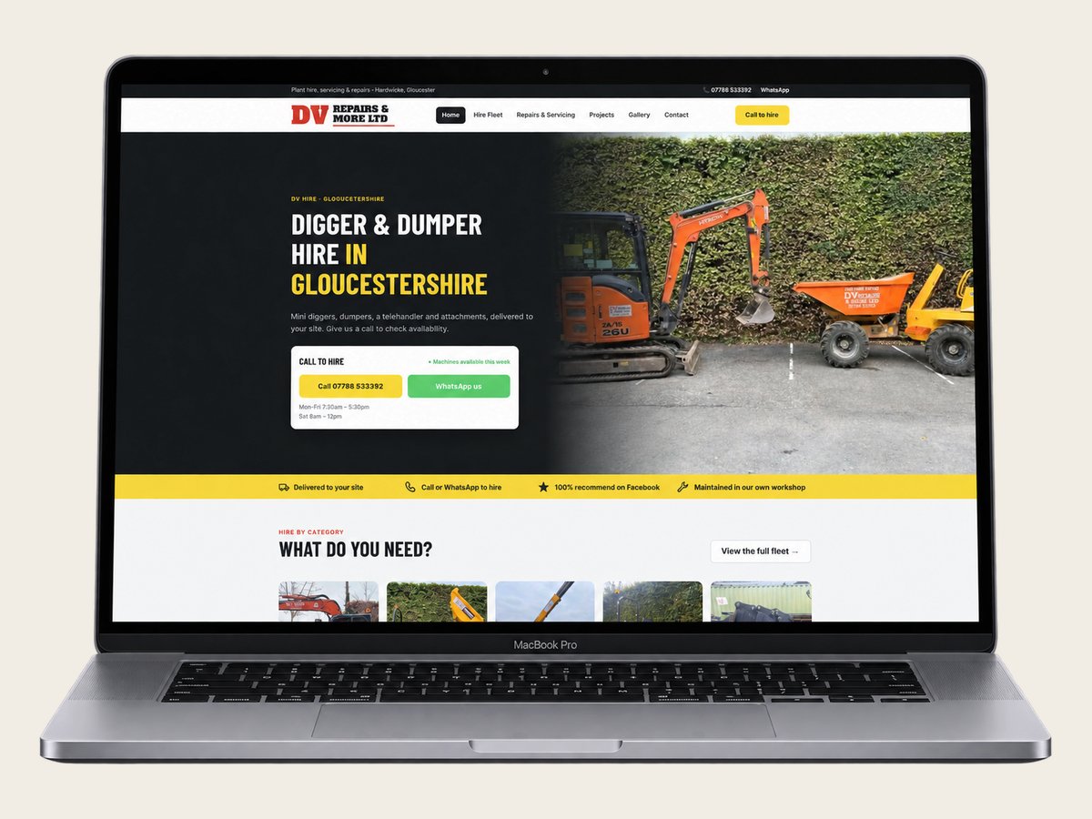 The DV Hire homepage shown on a laptop