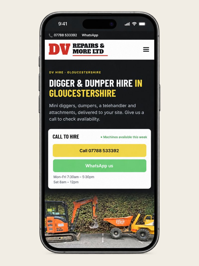 The DV Hire call to hire panel shown on a mobile phone