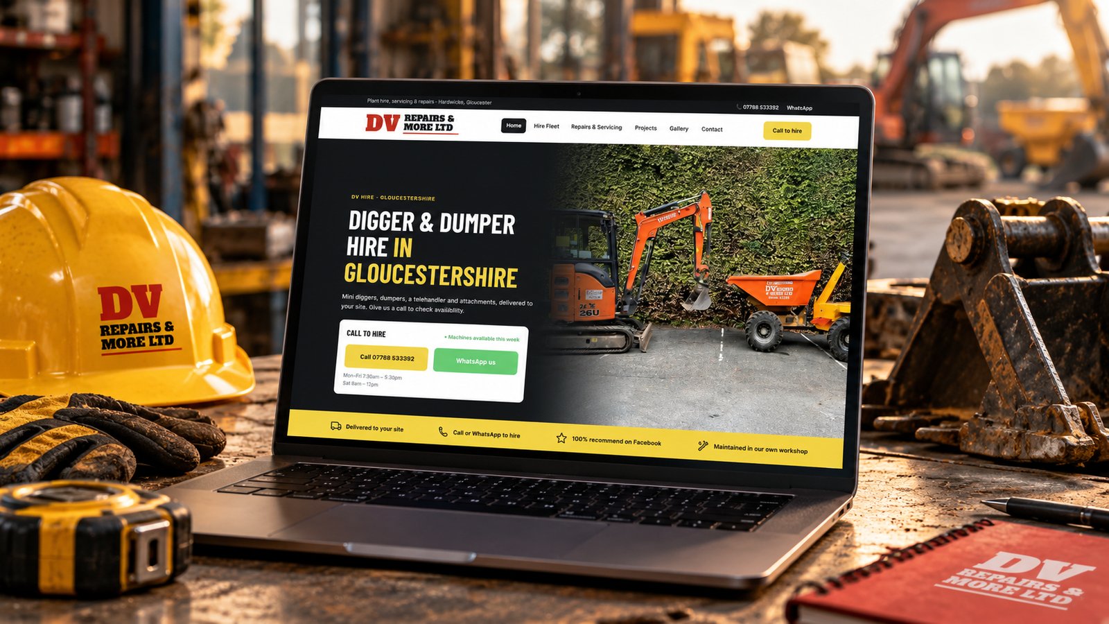 The DV Hire website shown on a laptop in the workshop