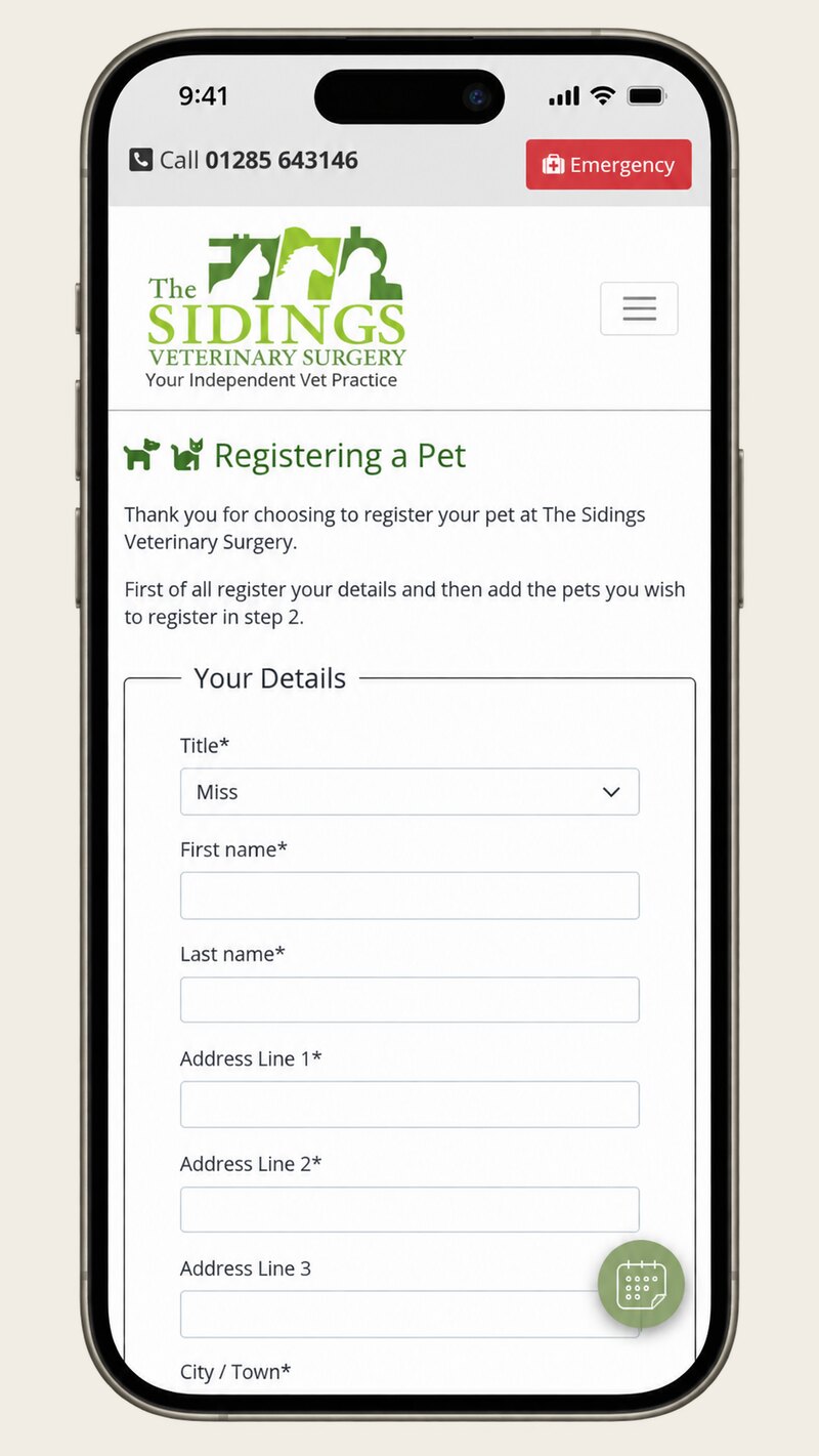 The Sidings Vets online pet registration shown on a mobile phone