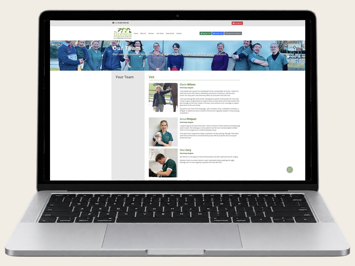 The Sidings Vets team page shown on a laptop