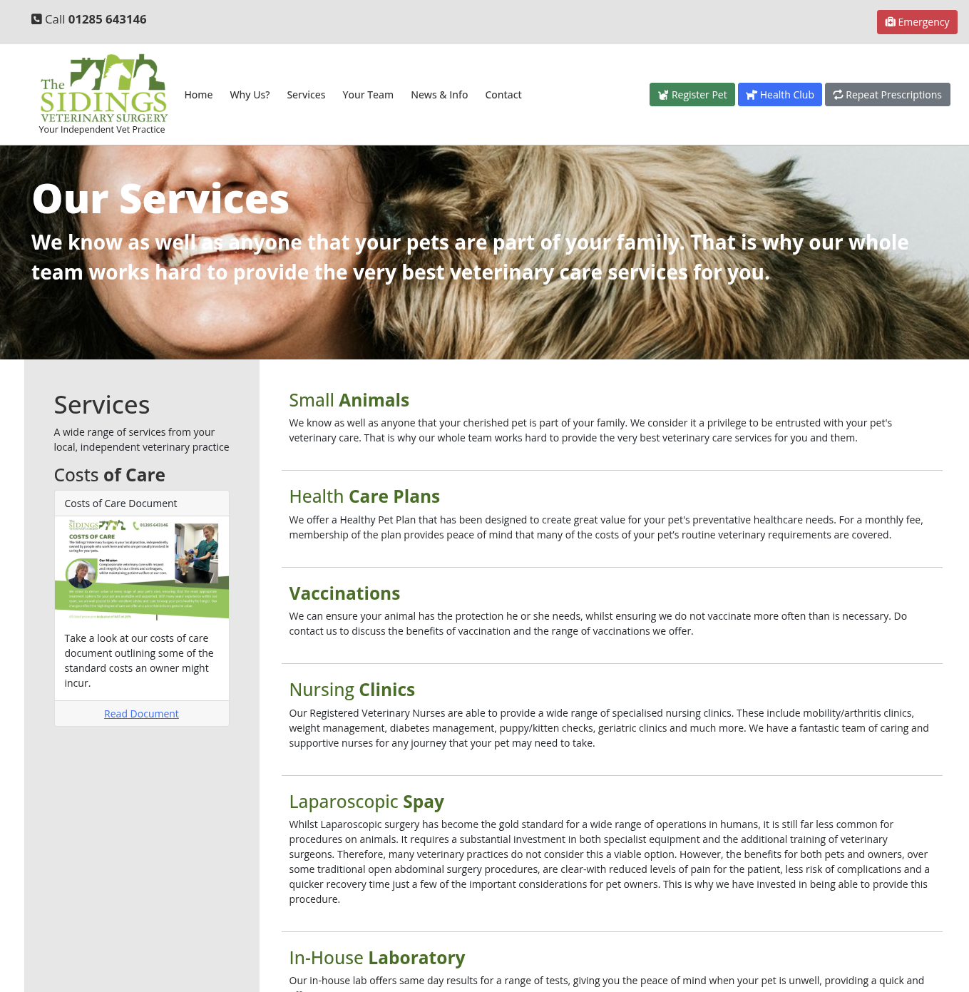 The Sidings Vets services page