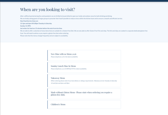 The Weston Cross menu page
