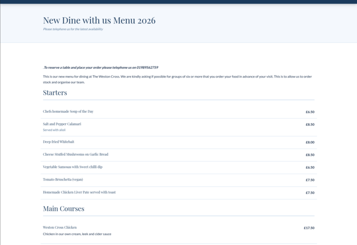 The Weston Cross menus